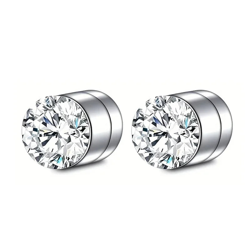 Boucles d'oreilles à clip magnétique rondes en cristal argenté.