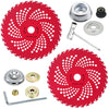 A set of red carbide tipped brush cutter blades, including a large circular blade and mounting hardware.