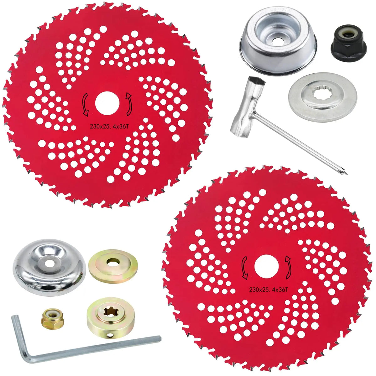 A set of red carbide tipped brush cutter blades, including a large circular blade and mounting hardware.