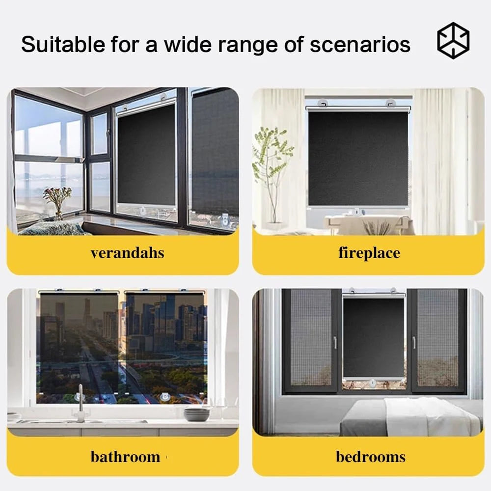 Cordless retractable roller shades in black showing various applications like verandahs, fireplaces, bathrooms, and bedrooms