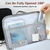 A gray laptop sleeve case is shown open, displaying an accessories partition and a tablet inside.