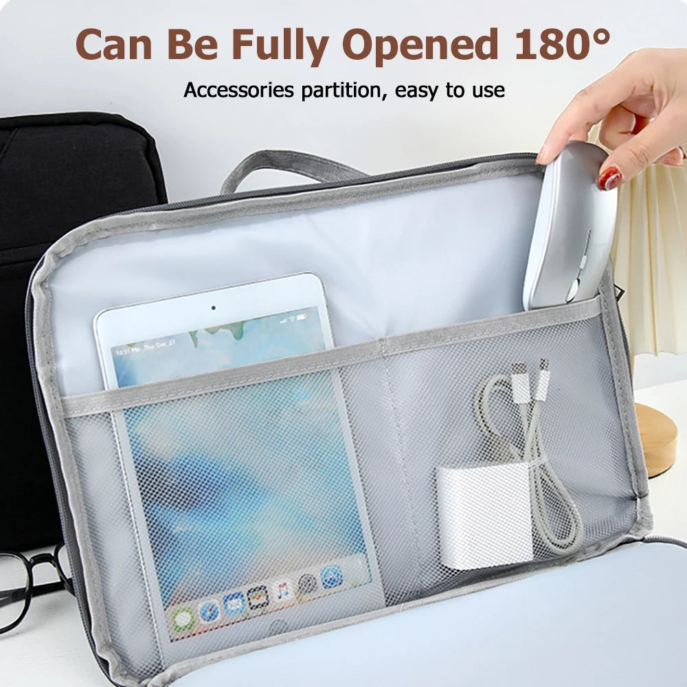 A gray laptop sleeve case is shown open, displaying an accessories partition and a tablet inside.