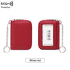 A red leather RFID protected accordion wallet with a chain attached, shown against a white background.