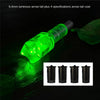 A green luminous arrow tail is shown next to four specifications arrow tail coats on a dark background.