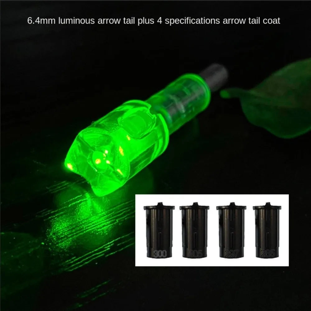 A green luminous arrow tail is shown next to four specifications arrow tail coats on a dark background.