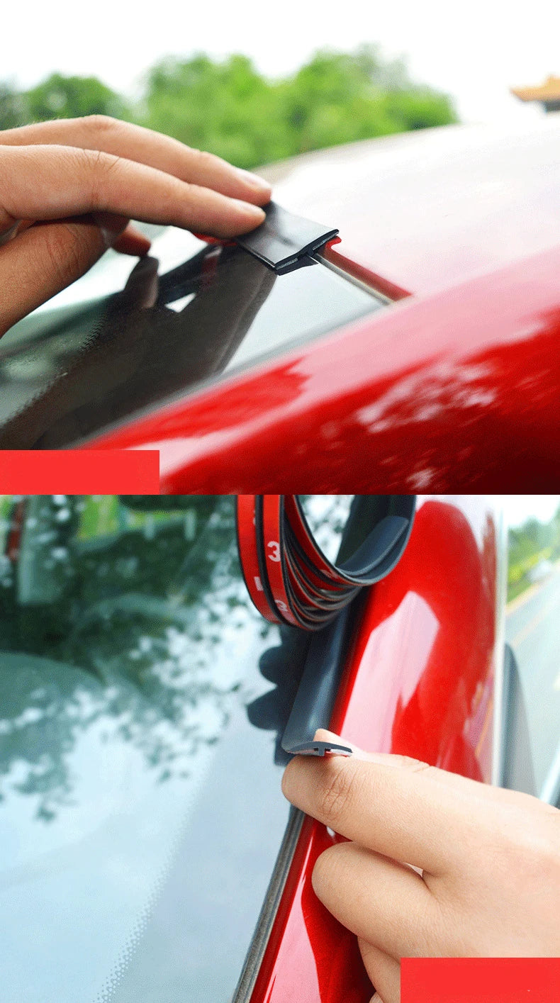 A hand is applying an automotive rubber sealing strip to a red car's window frame.