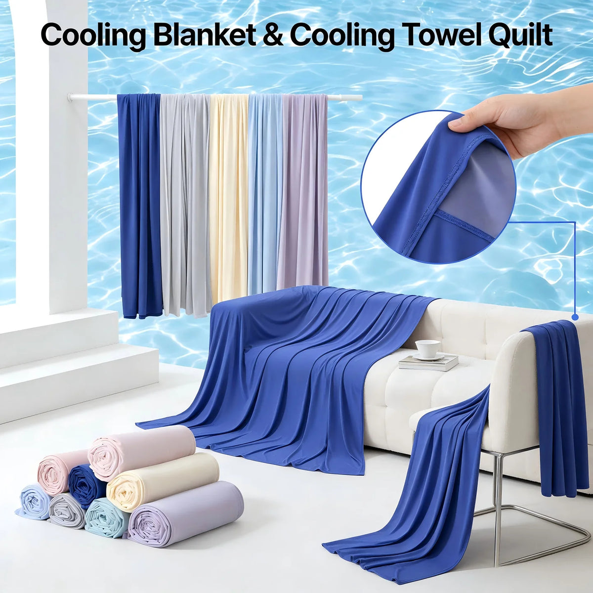 A hand holds a blue cooling blanket draped over a white sofa, with rolled-up purple and blue towels nearby.