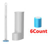 A white disposable toilet brush and holder set with a blue replaceable head, shown next to a stack of six brushes.