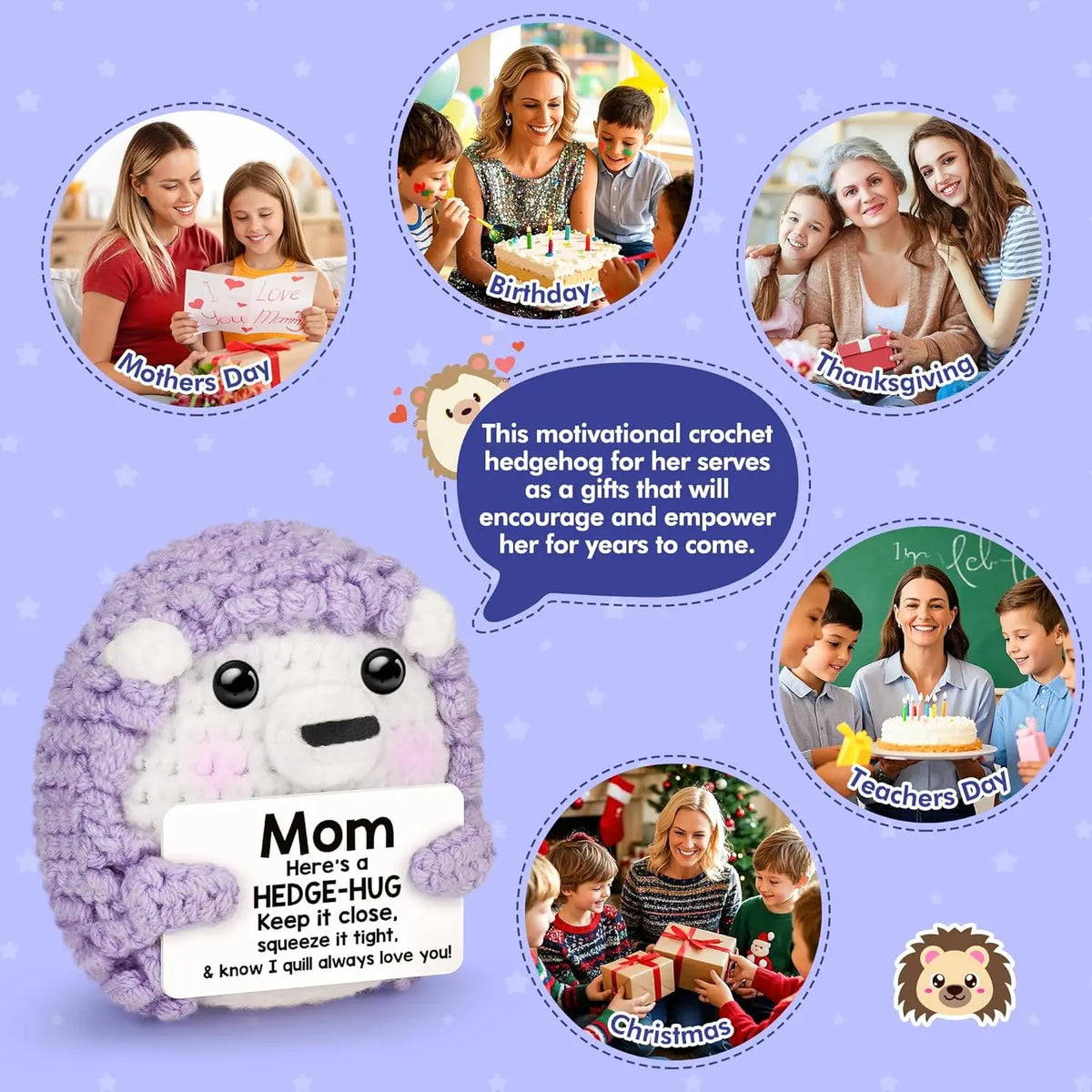 Handmade crochet hedgehog doll with an inspirational card for mothers and other loved ones