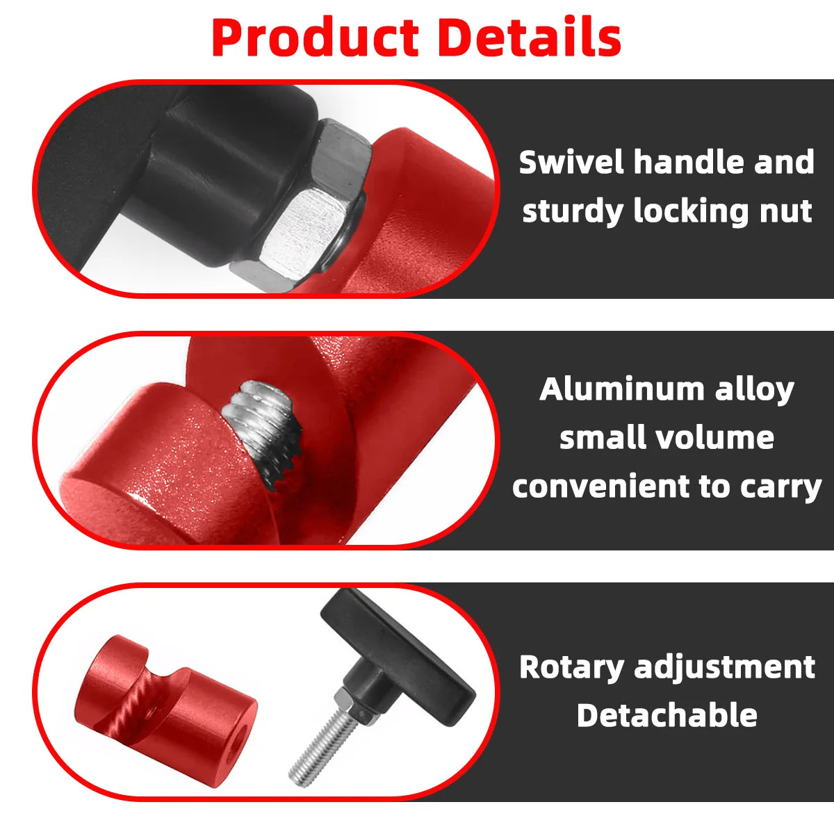 Details of a red aluminum alloy hood lift support clip with a swivel handle and detachable rotary adjustment nut