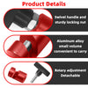 Details of a red metal hood lift support clip showing swivel handle, aluminum alloy construction, and rotary adjustment.