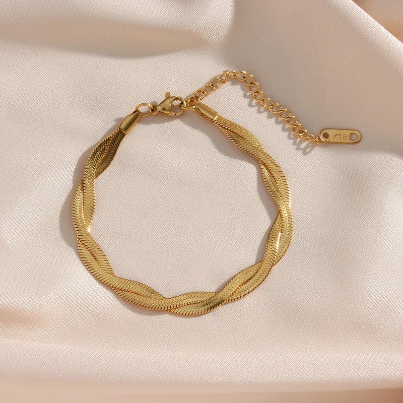 Gold-Plated Herringbone Chain Necklace & Bracelet Set