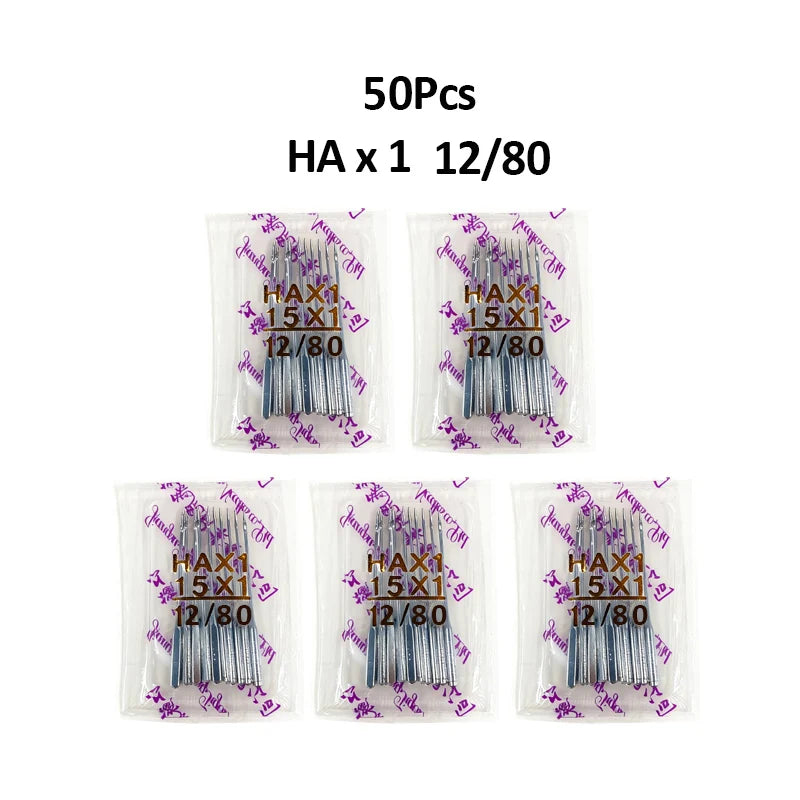 A pack of 50 pairs of HA needles in sizes 1, 5, and 10, packaged for sewing machines.