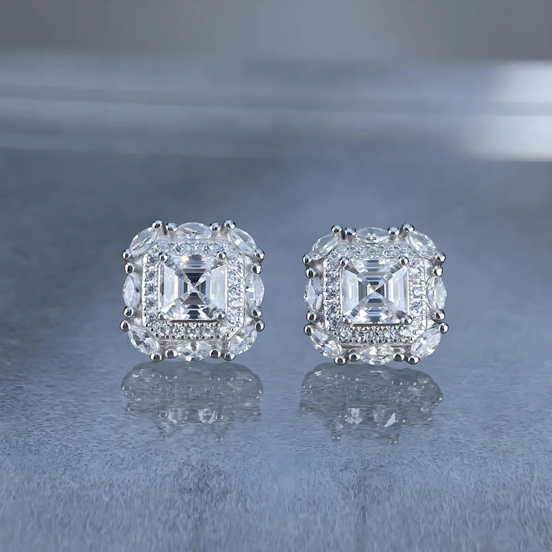 Square Moissanite Stud Earrings in Rhodium-Plated Silver