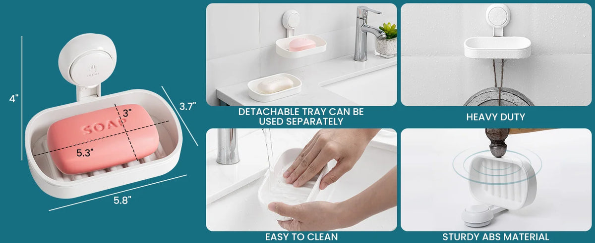 A pink suction cup soap dish holder with a removable tray and a heavy duty sturdy ABS material.