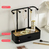 A black elegant jewelry display rack featuring a storage basket, drawer, and hooks for hanging necklaces and earrings.