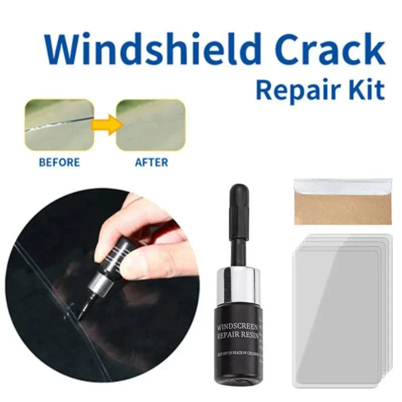 A repair kit for windshield cracks showing before and after results, including a resin and a glass panel.
