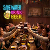 A group of people cheers with beer in front of a neon sign that reads Save Water Drink Beer
