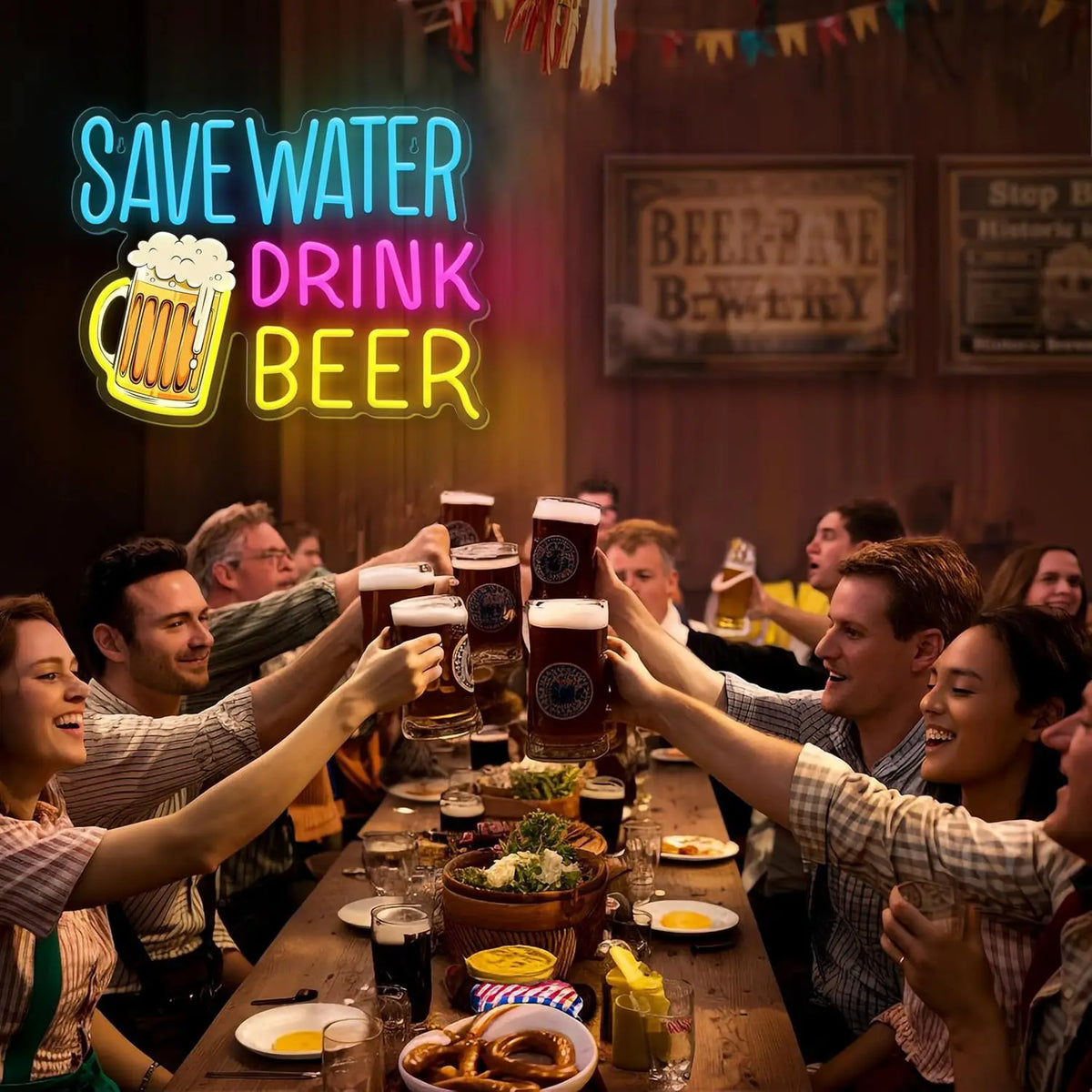 A group of people cheers with beer in front of a neon sign that reads Save Water Drink Beer