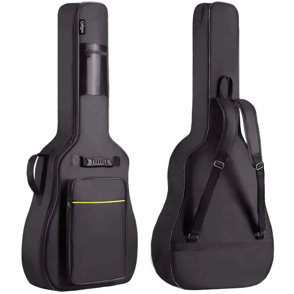 A black water-resistant acoustic guitar gig bag with padded protection shown from the back.