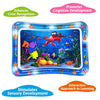 A blue inflatable baby water play mat featuring floating toys and colorful sea creatures for cognitive and sensory developmen