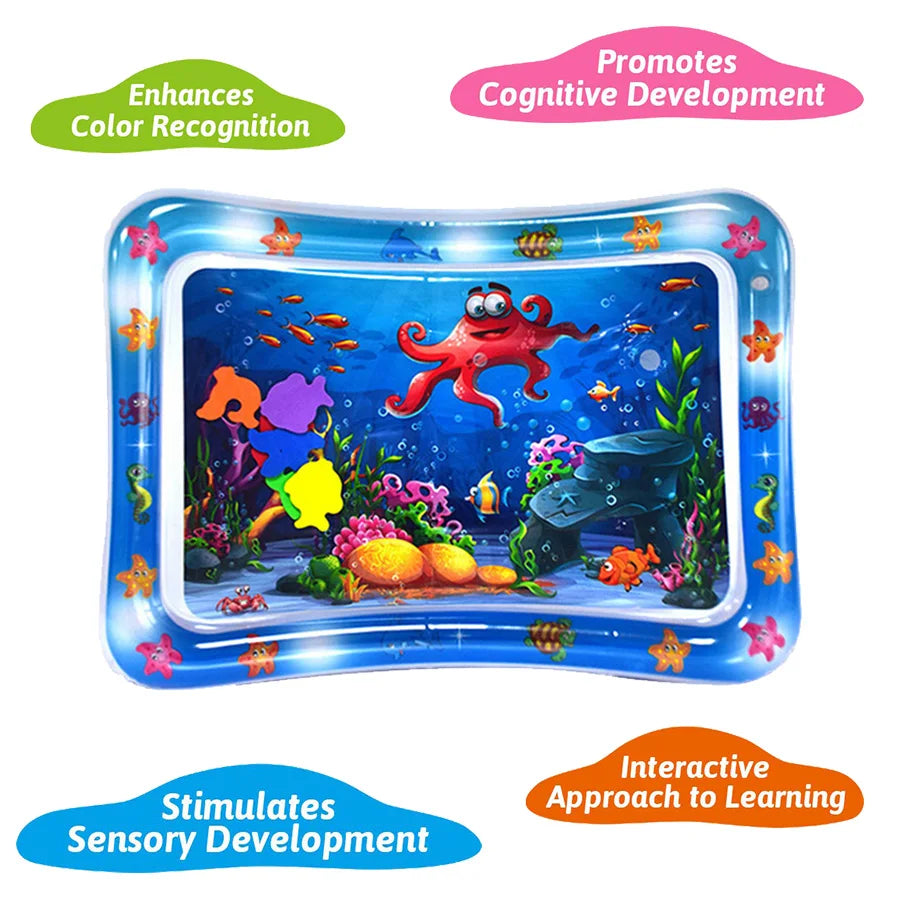 A blue inflatable baby water play mat featuring floating toys and colorful sea creatures for cognitive and sensory developmen