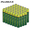 A collection of green and yellow heavy duty disposable AA and AAA dry cell batteries arranged in a grid.