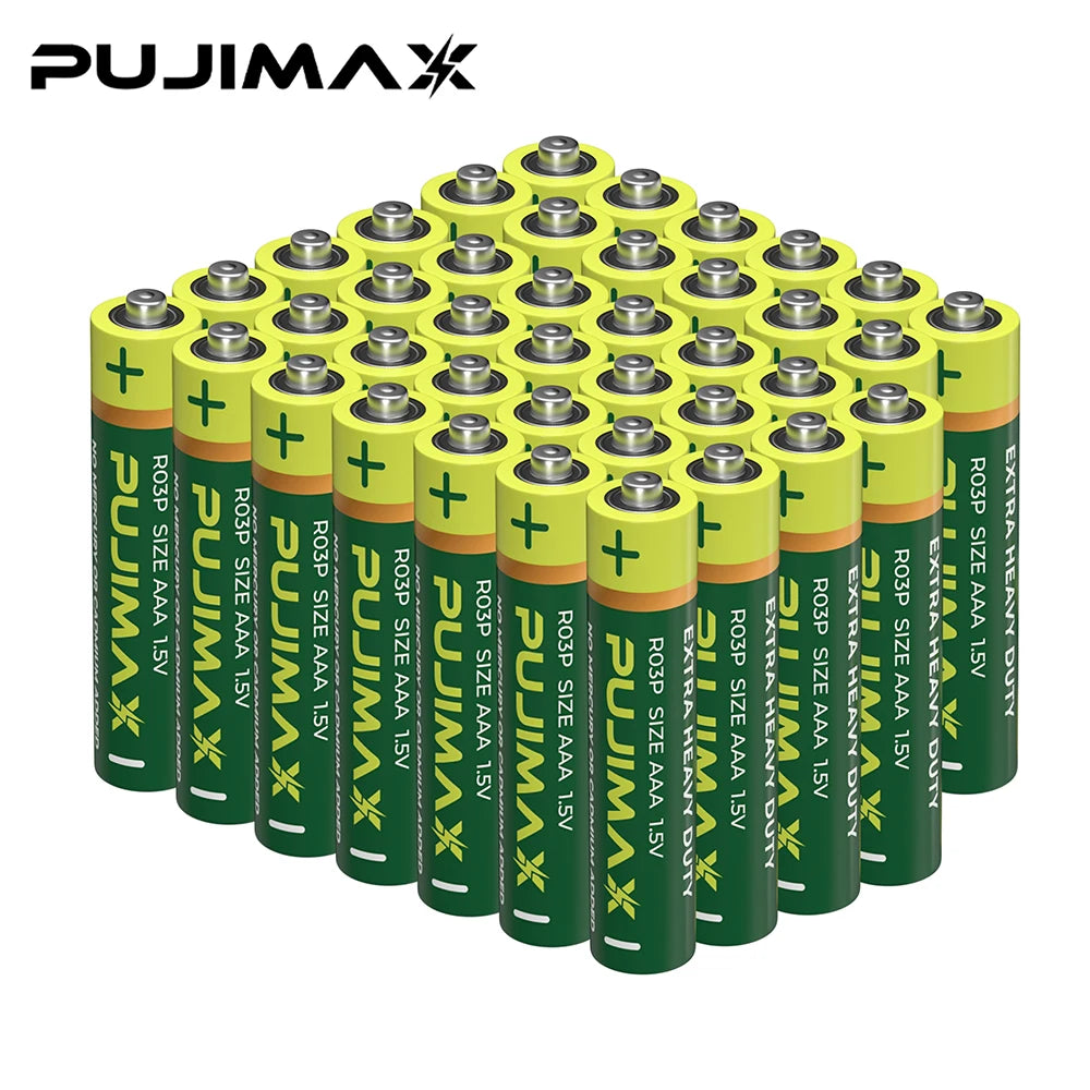 A collection of green and yellow heavy duty disposable AA and AAA dry cell batteries arranged in a grid.