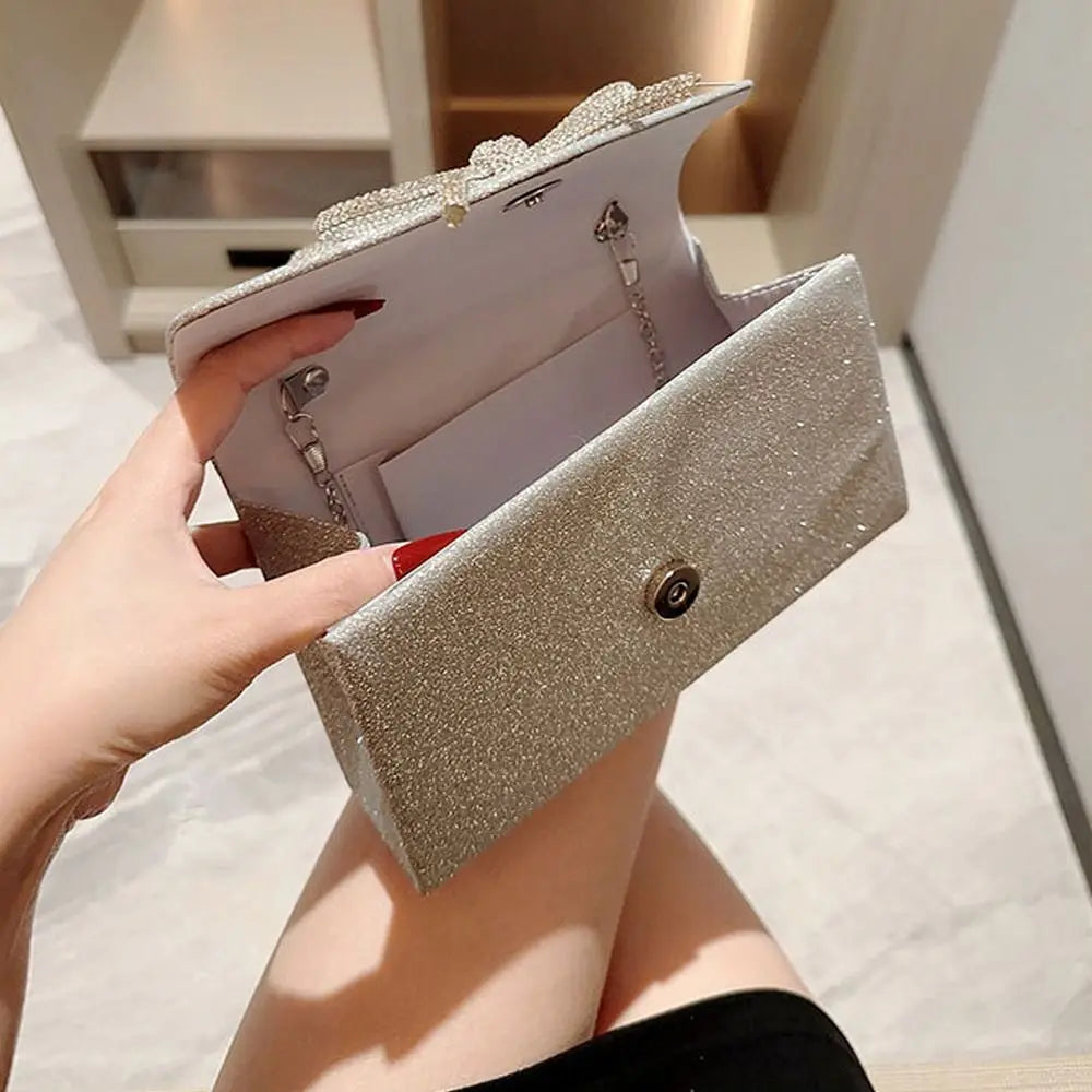 Crystal Bowknot Evening Clutch with Chain Strap