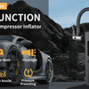 A portable air compressor inflator device is shown next to a car, highlighting its multifunction features like deflation and 