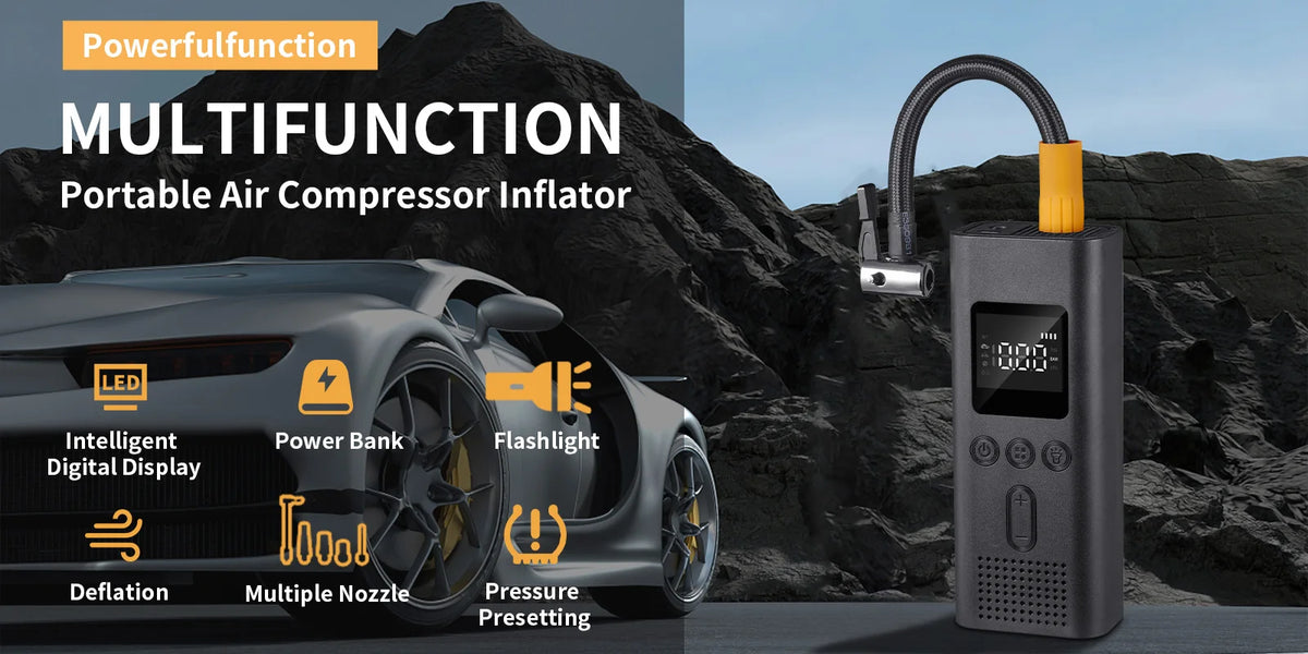 A portable air compressor inflator device is shown next to a car, highlighting its multifunction features like deflation and 
