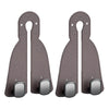 A pair of dark gray leather headrest hooks designed as a tidy organizer for bags, groceries, and coats.