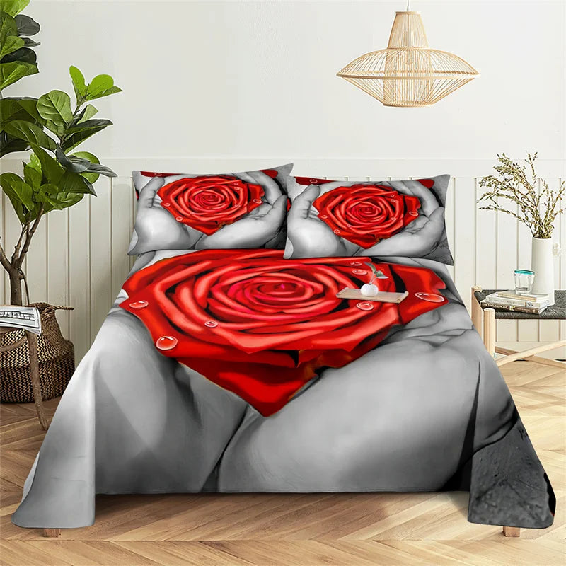 A close-up of a red rose design printed on a bedding set featuring grayscale skin texture.