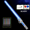 A silvery lightsaber with a telescoping blade and various color options shown alongside the complete weapon.