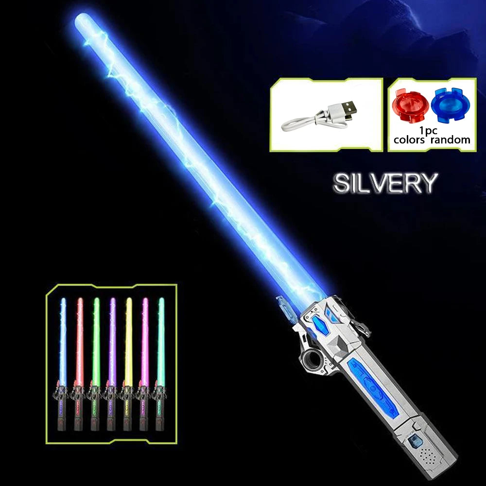 A silvery lightsaber with a telescoping blade and various color options shown alongside the complete weapon.