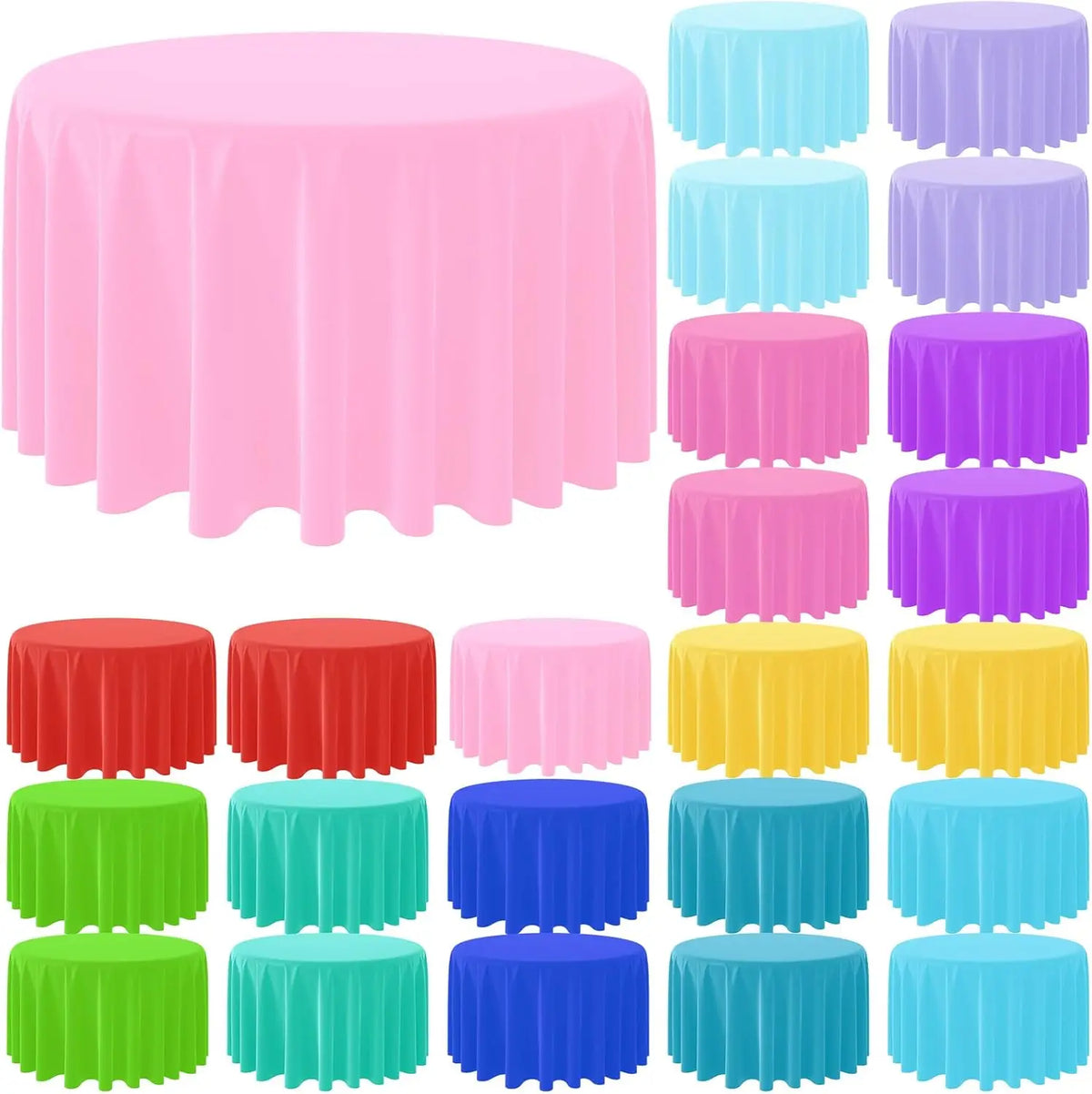 A collection of vibrant pink, purple, red, yellow, green, and blue disposable round tablecloths for parties and events.