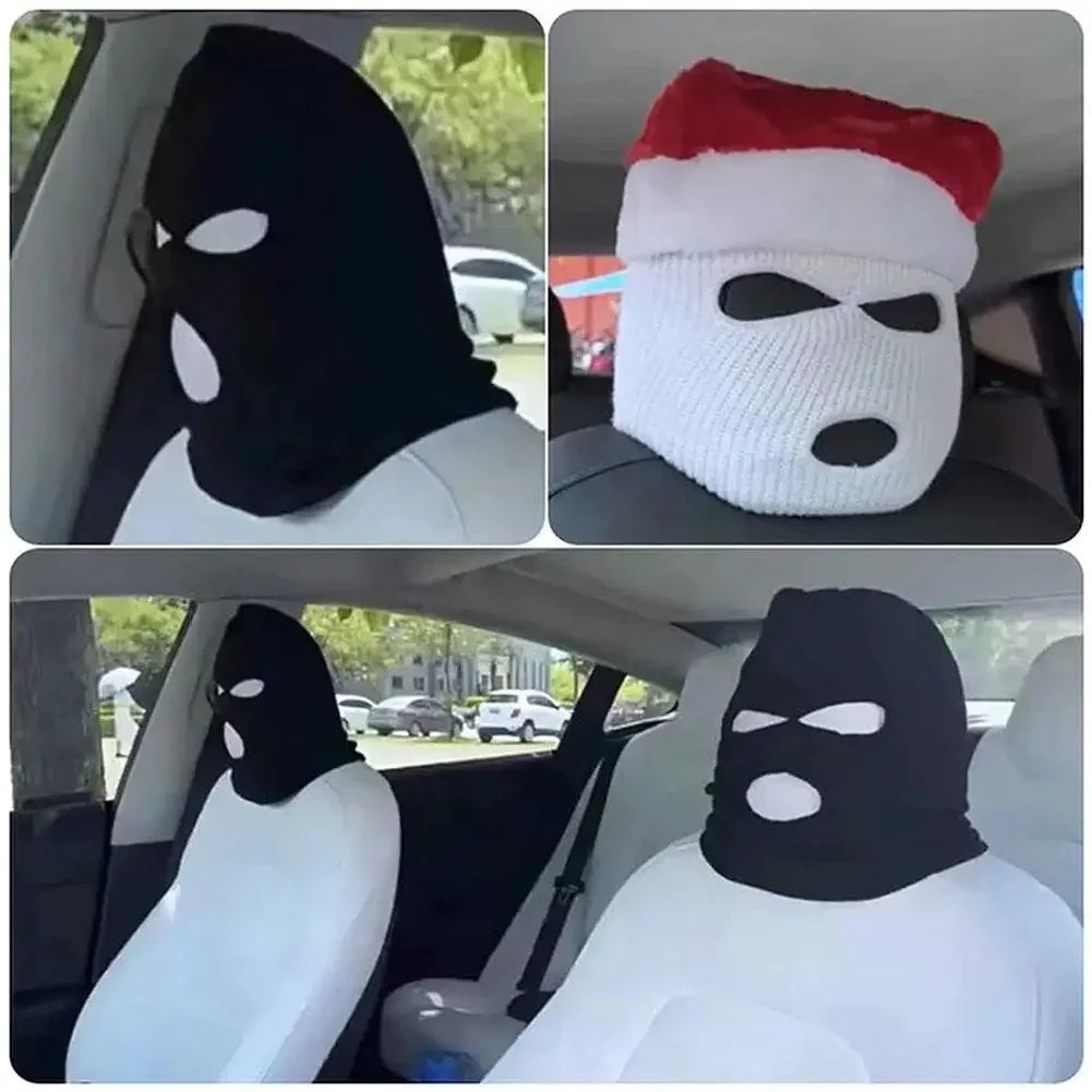 A white ski mask car headrest cover is shown in three views, including a close-up and installed on a seat.