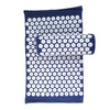 A dark blue acupressure mat and pillow set featuring numerous white, round studs for pain relief.
