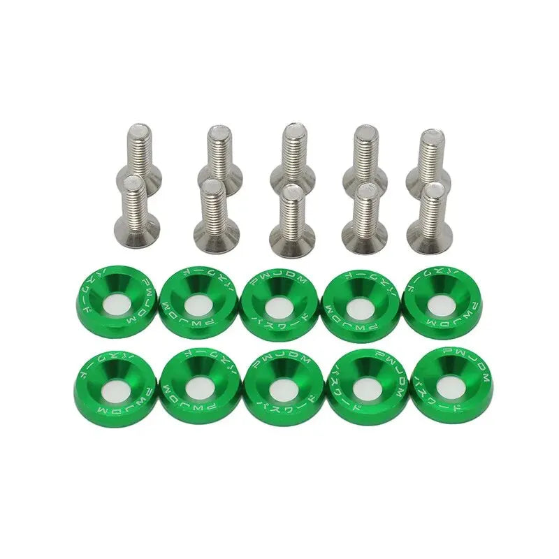 A set of ten M6 Fender washer bolts made of aluminum alloy.