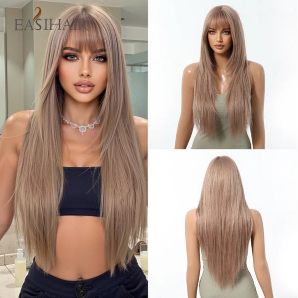 A model showcases a long, straight, layered wig with bangs in a light brown color.