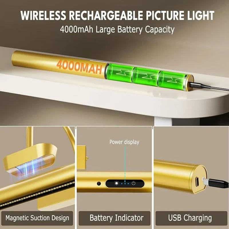 A gold and green wireless rechargeable picture light battery indicator and USB charging component.