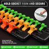 A set of three colored plastic clips used to hold sockets firmly and securely on a rail.