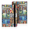 A colorful universal e-reader case with a hand strap shown open, displaying various books and decorative elements.