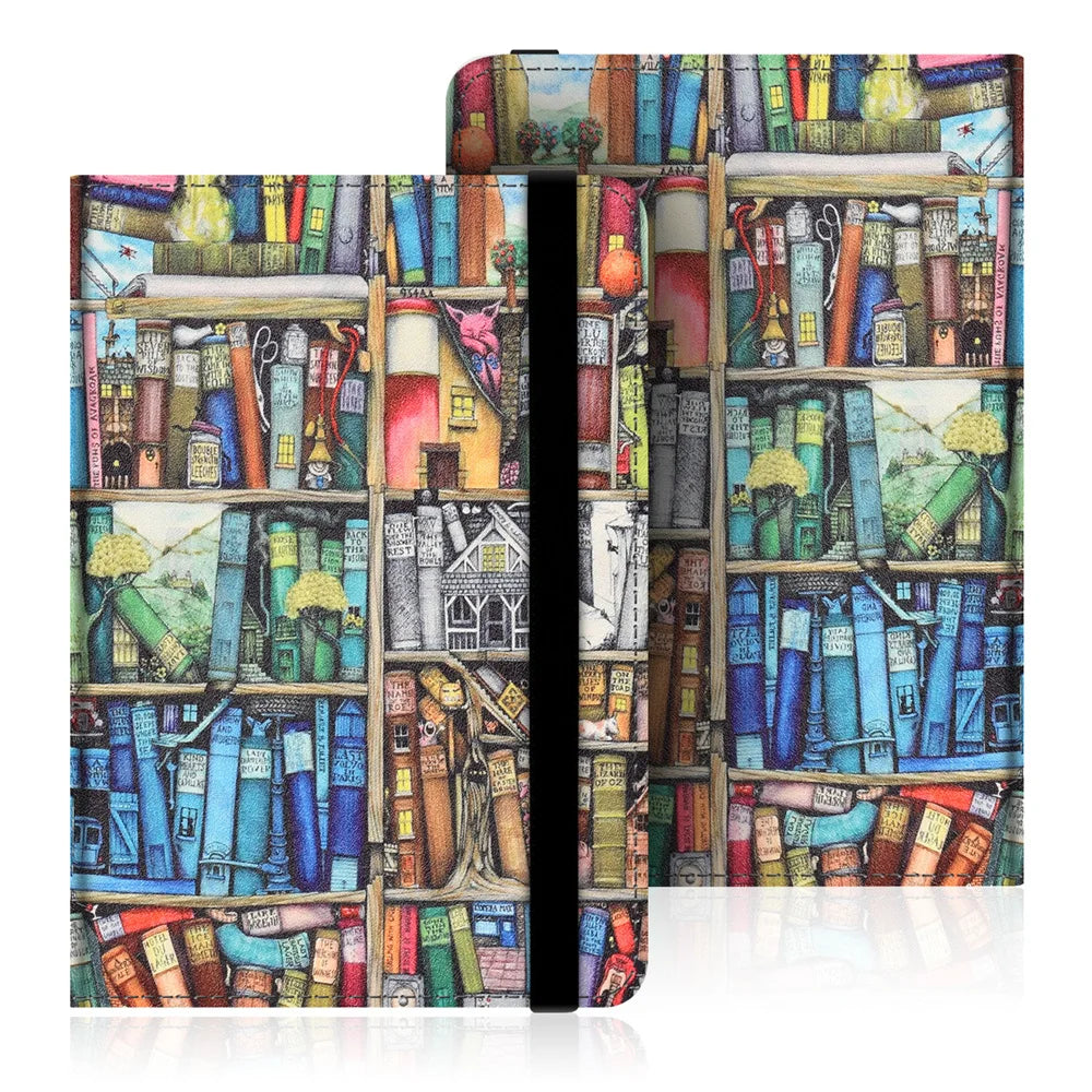 A colorful universal e-reader case with a hand strap shown open, displaying various books and decorative elements.