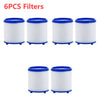 Six white cylindrical filters with blue caps and bases for faucet water purification