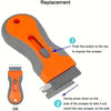 Instructions for replacing a blade on an orange and gray telescopic scraper tool.