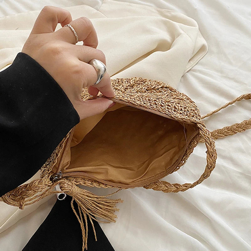 Handwoven Straw Semicircle Crossbody Bag with Tassel