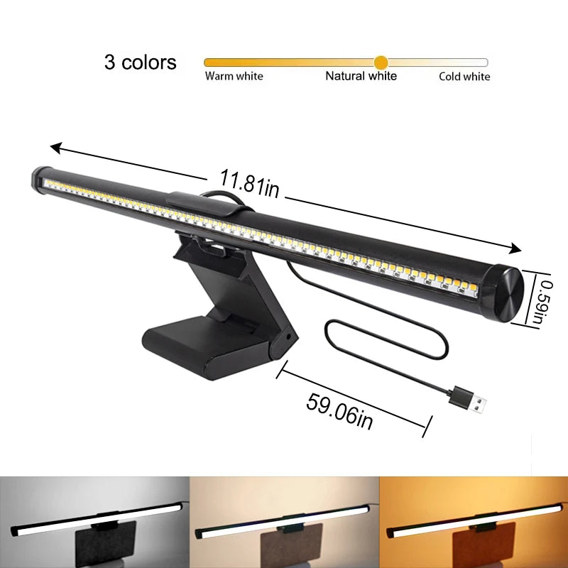 A USB powered anti-glare monitor light bar shown in three color options: warm white, natural white, and cold white.