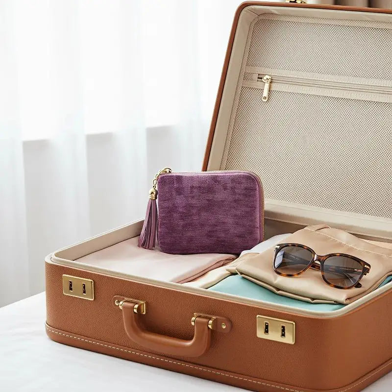 A brown leather jewelry organizer box with an open lid displaying a purple velvet pouch and sunglasses.