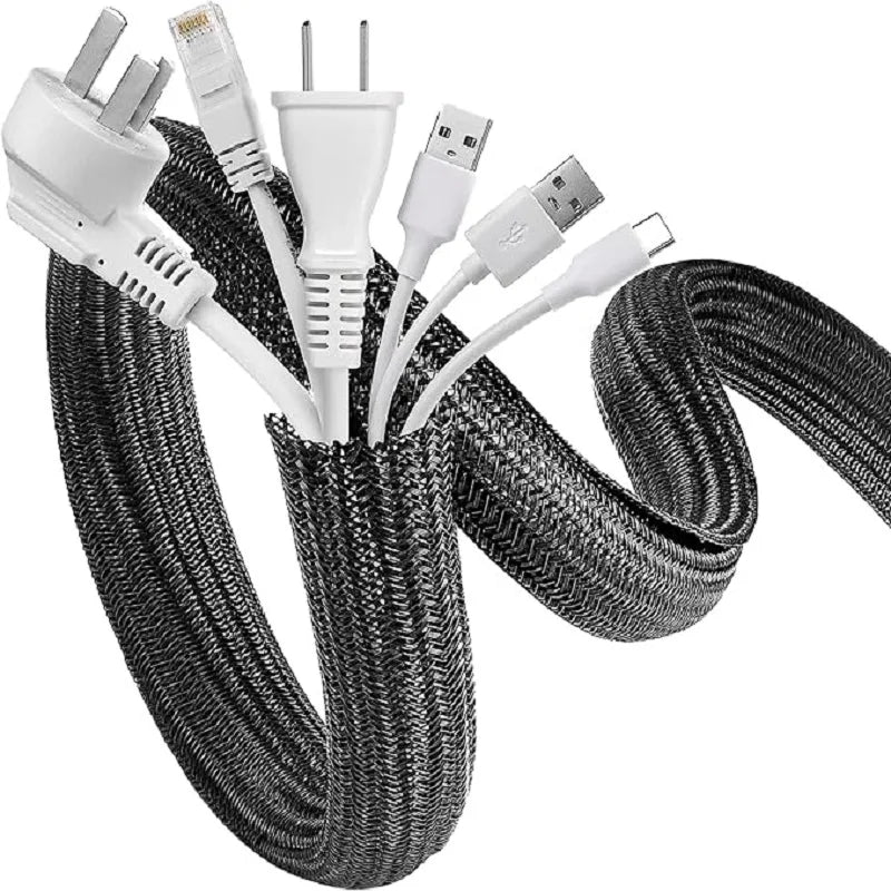 Black braided cable sleeve with multiple connectors for desk and home organization
